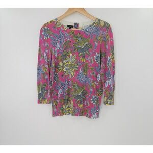 Talbots‎ Petite Pink Floral Print Cotton 3/4 Sleeve Knit Top Petite Medium